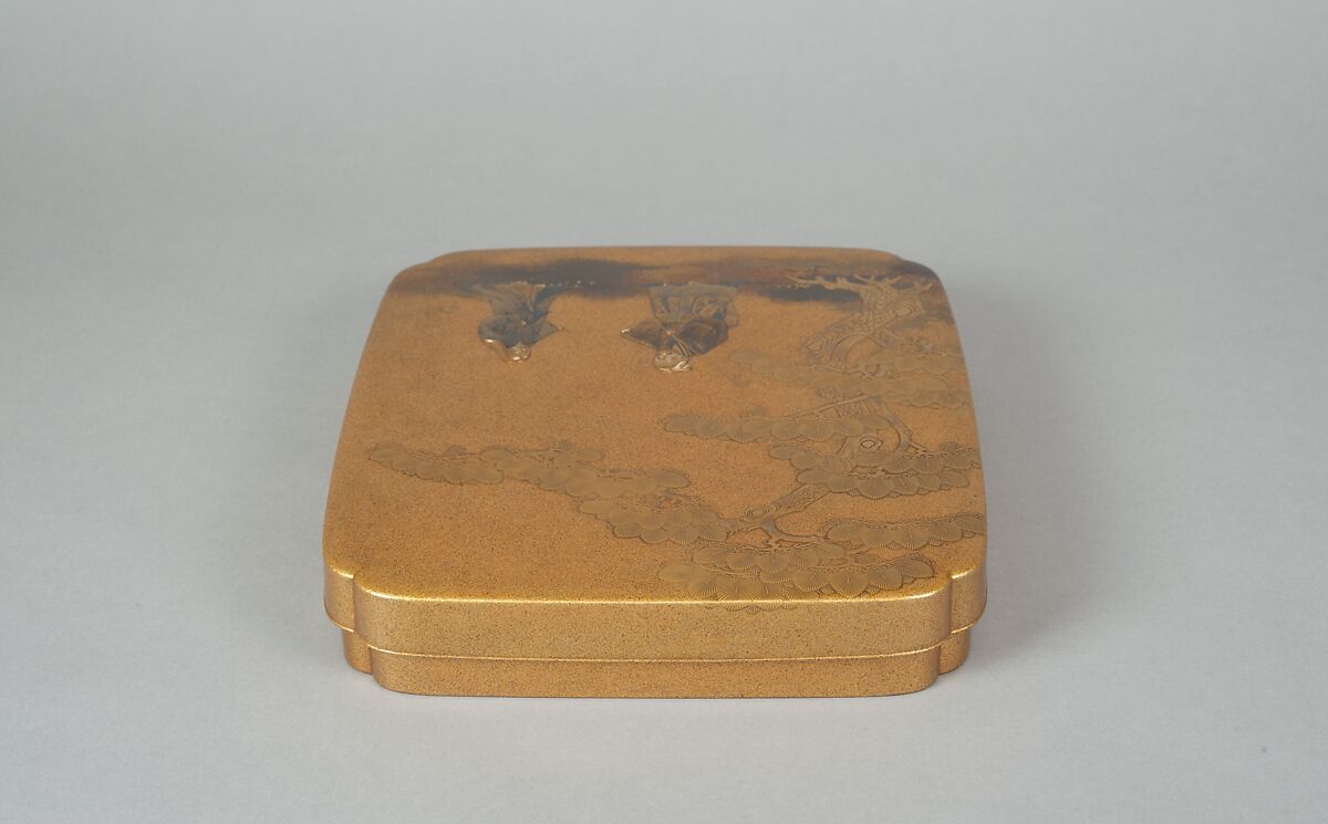 Writing Box with Design of Elderly Couple under Pine from the Noh Play Takasago, Gold maki-e with colored lacquer on black lacquer, Japan