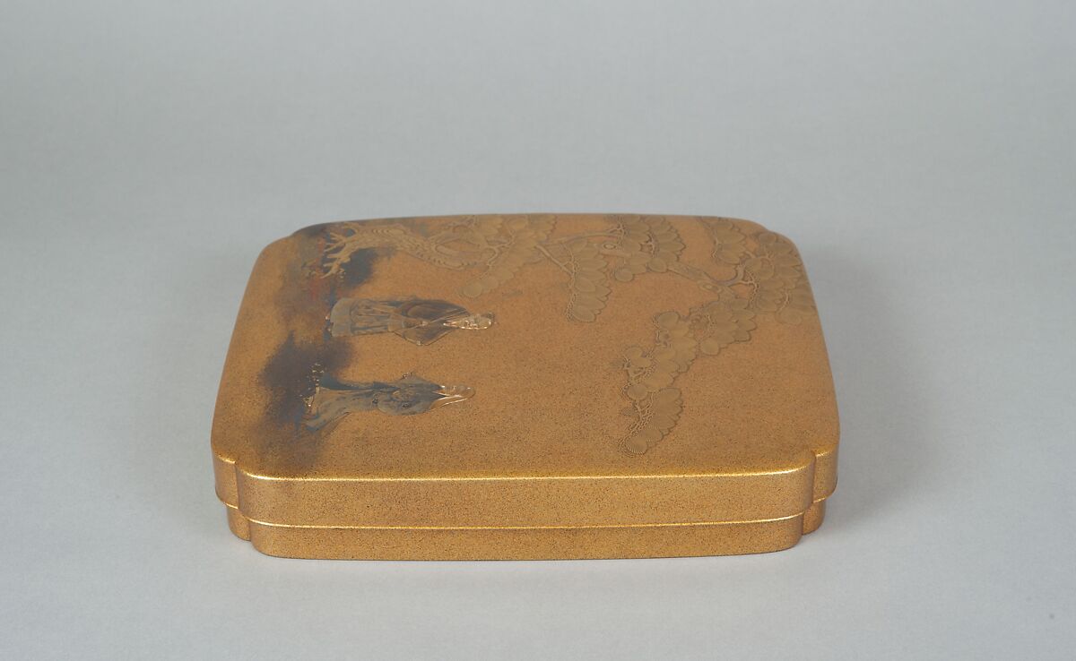 Writing Box with Design of Elderly Couple under Pine from the Noh Play Takasago, Gold maki-e with colored lacquer on black lacquer, Japan