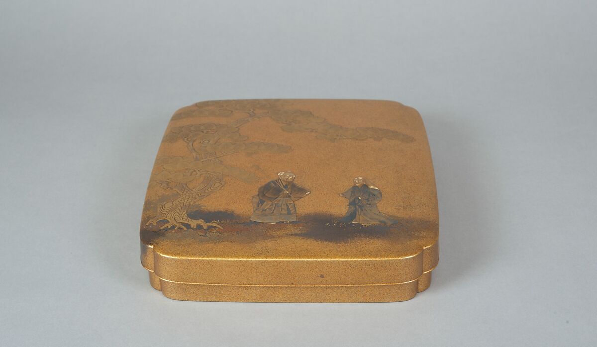 Writing Box with Design of Elderly Couple under Pine from the Noh Play Takasago, Gold maki-e with colored lacquer on black lacquer, Japan
