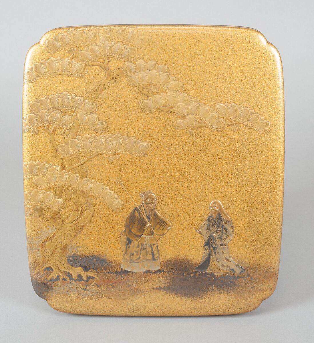 Writing Box with Design of Elderly Couple under Pine from the Noh Play Takasago, Gold maki-e with colored lacquer on black lacquer, Japan