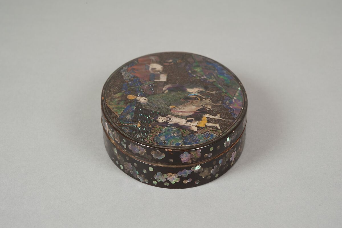 Box with the Poet Narihira, Black lacquer over copper, inlaid with mother-of-pearl, Japan