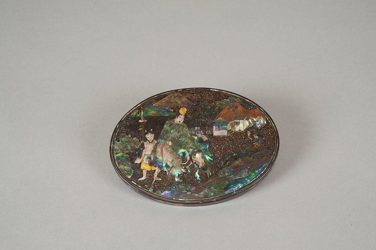Box with the Poet Narihira, Black lacquer over copper, inlaid with mother-of-pearl, Japan