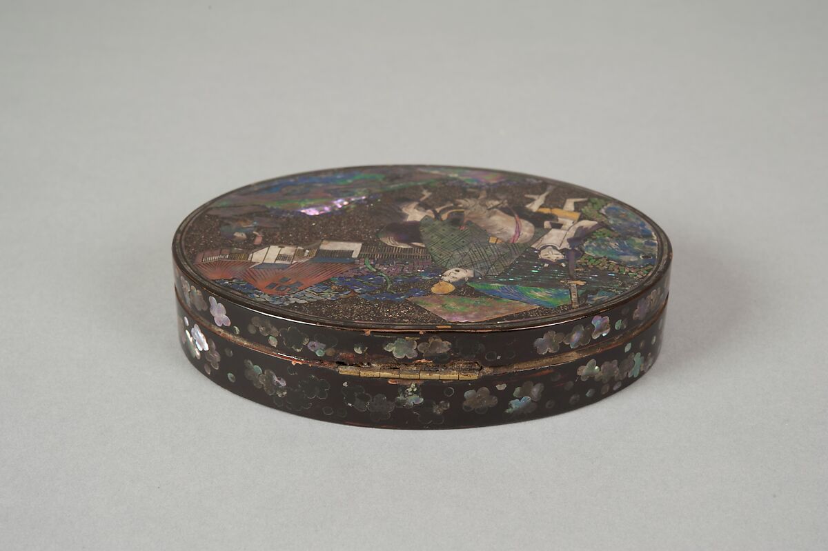 Box with the Poet Narihira, Black lacquer over copper, inlaid with mother-of-pearl, Japan