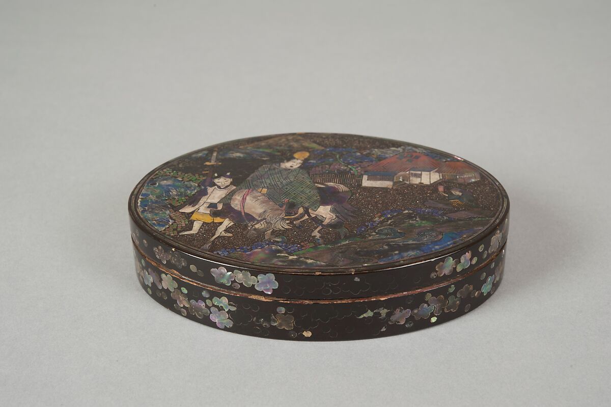 Box with the Poet Narihira, Black lacquer over copper, inlaid with mother-of-pearl, Japan
