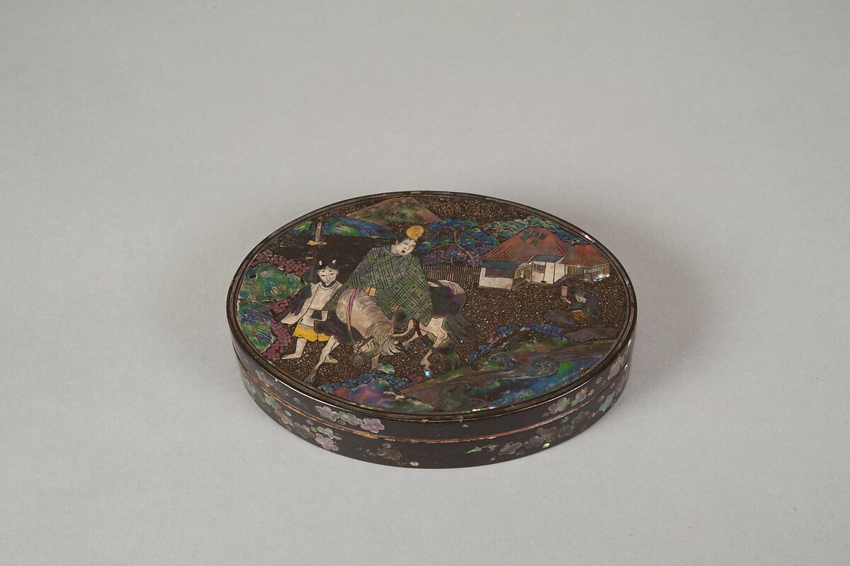 Box with the Poet Narihira, Black lacquer over copper, inlaid with mother-of-pearl, Japan
