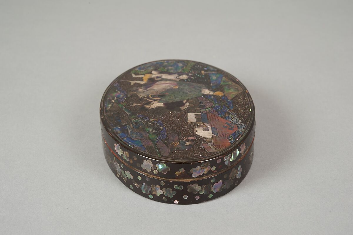 Box with the Poet Narihira, Black lacquer over copper, inlaid with mother-of-pearl, Japan