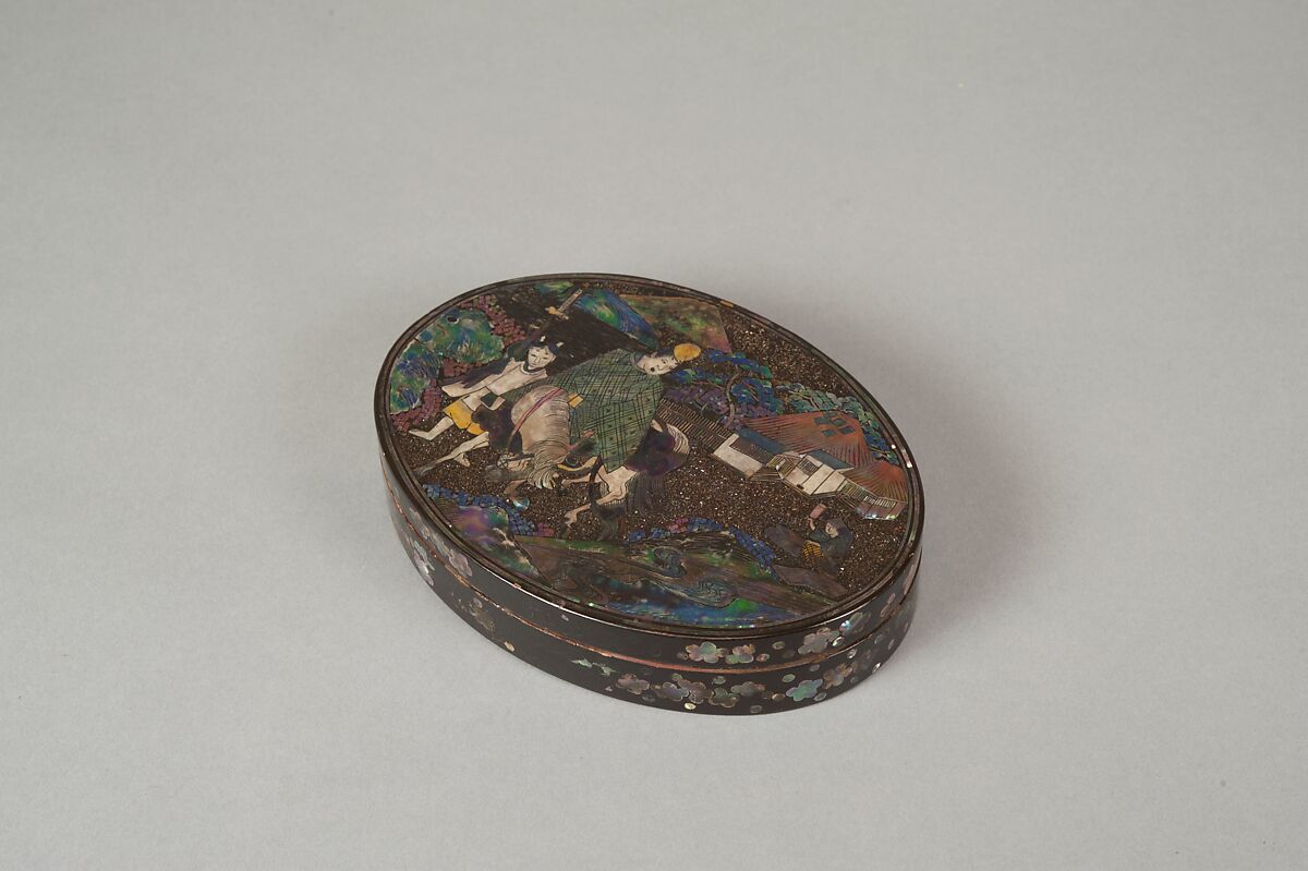 Box with the Poet Narihira, Black lacquer over copper, inlaid with mother-of-pearl, Japan