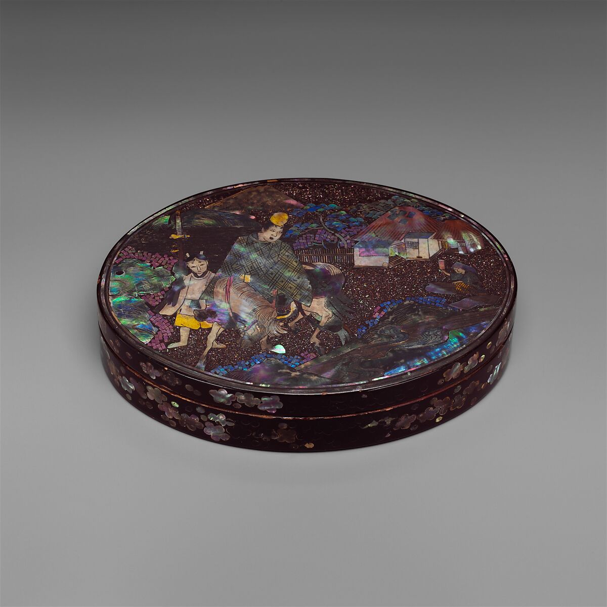 Box with the Poet Narihira, Black lacquer over copper, inlaid with mother-of-pearl, Japan 
