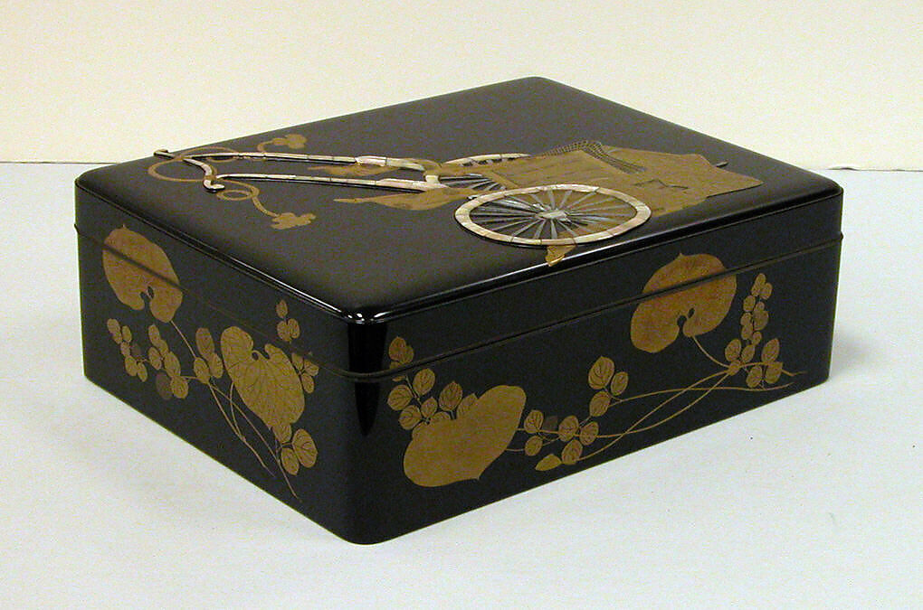 Document Box (Ryōshibako) with Court Carriage and Wild Ginger, Lacquered wood with gold and silver hiramaki‑e, togidashimaki-e, and e-nashiji (“pear-skin picture”), with mother‑of‑pearl inlay on black ground, Japan 