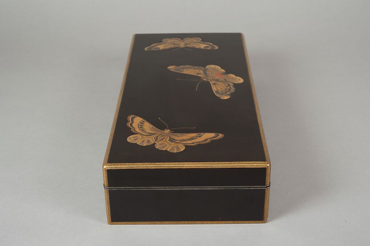 Box for Paper (Ryōshibako) with Decoration of Butterflies and Autumn Grasses, Lacquered wood with gold, silver, color (iroko) togidashimaki-e on black lacquer ground, Japan