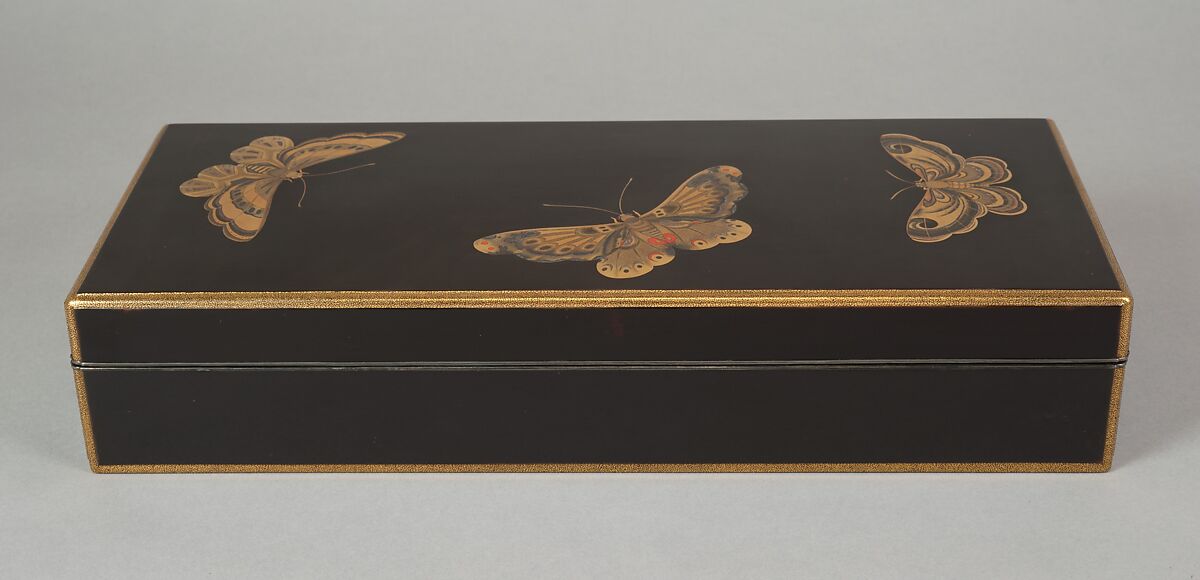 Box for Paper (Ryōshibako) with Decoration of Butterflies and Autumn Grasses, Lacquered wood with gold, silver, color (iroko) togidashimaki-e on black lacquer ground, Japan