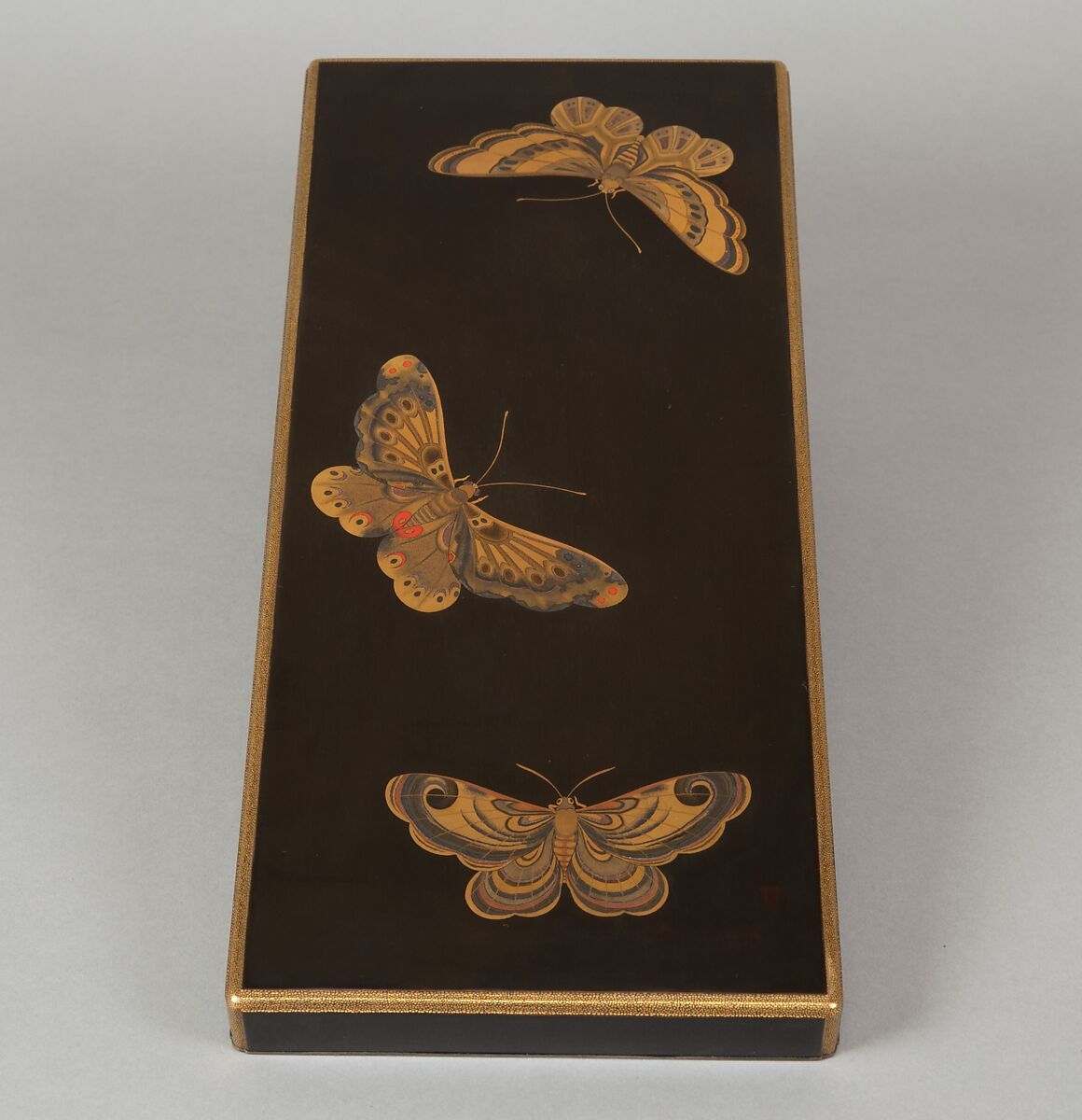 Box for Paper (Ryōshibako) with Decoration of Butterflies and Autumn Grasses, Lacquered wood with gold, silver, color (iroko) togidashimaki-e on black lacquer ground, Japan