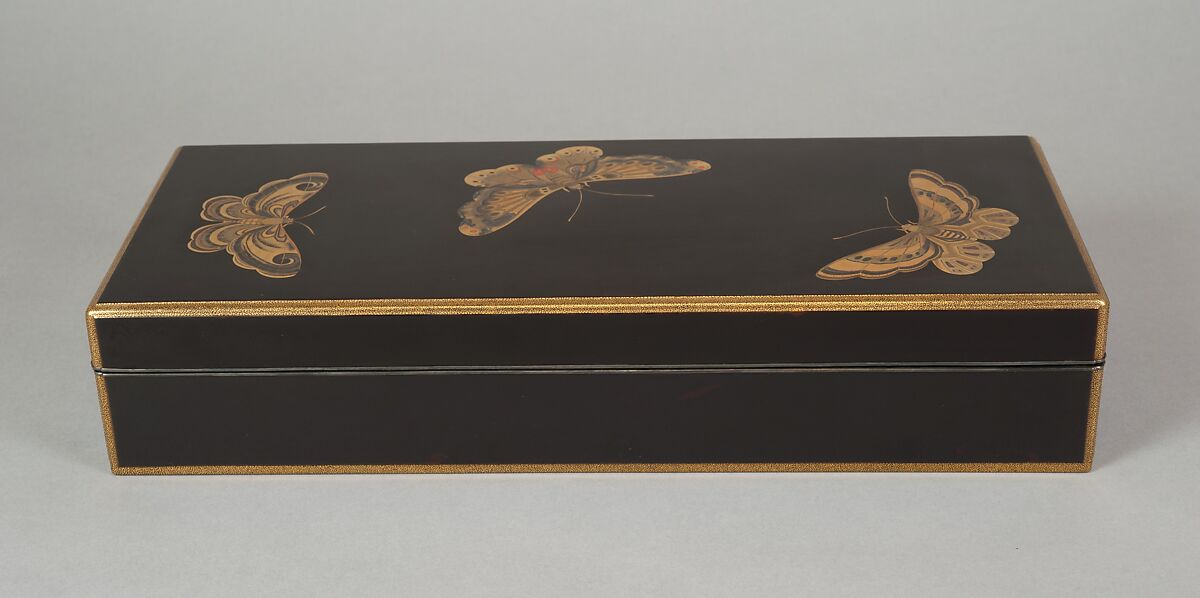 Box for Paper (Ryōshibako) with Decoration of Butterflies and Autumn Grasses, Lacquered wood with gold, silver, color (iroko) togidashimaki-e on black lacquer ground, Japan
