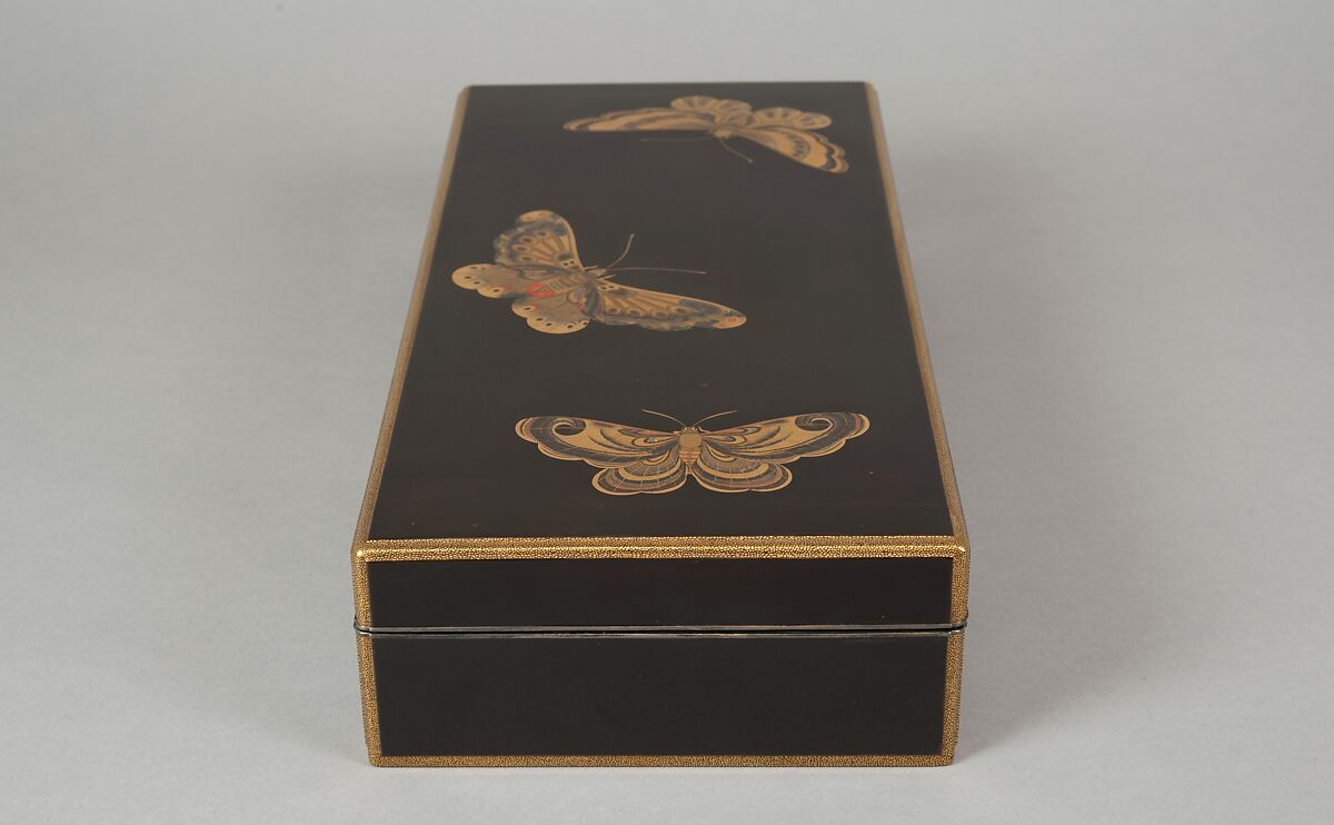 Box for Paper (Ryōshibako) with Decoration of Butterflies and Autumn Grasses, Lacquered wood with gold, silver, color (iroko) togidashimaki-e on black lacquer ground, Japan