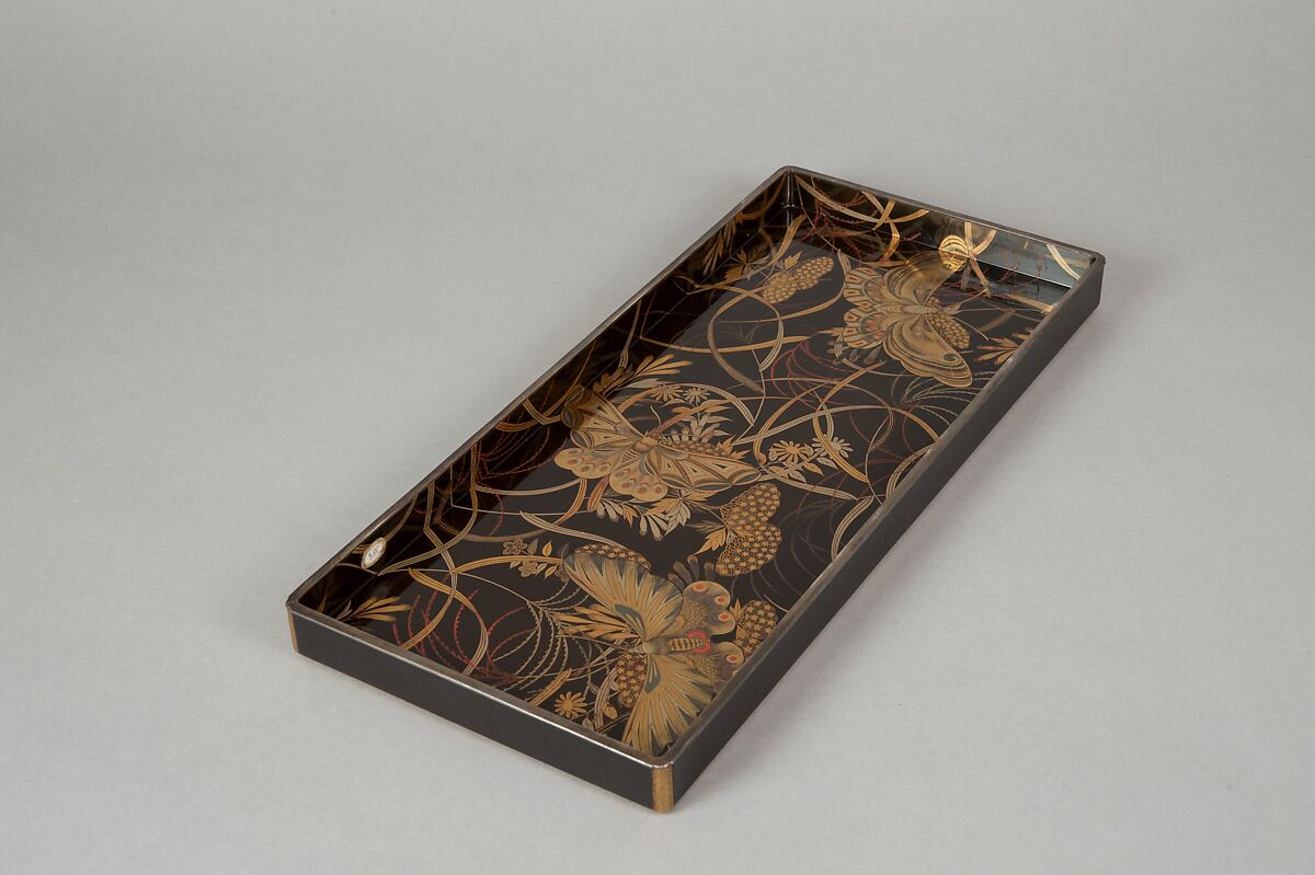 Box for Paper (Ryōshibako) with Decoration of Butterflies and Autumn Grasses, Lacquered wood with gold, silver, color (iroko) togidashimaki-e on black lacquer ground, Japan
