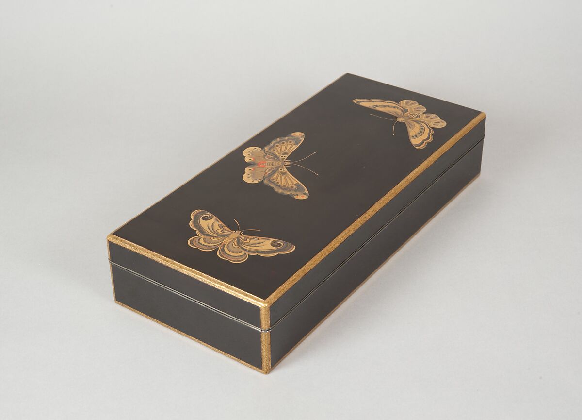 Box for Paper (Ryōshibako) with Decoration of Butterflies and Autumn Grasses, Lacquered wood with gold, silver, color (iroko) togidashimaki-e on black lacquer ground, Japan