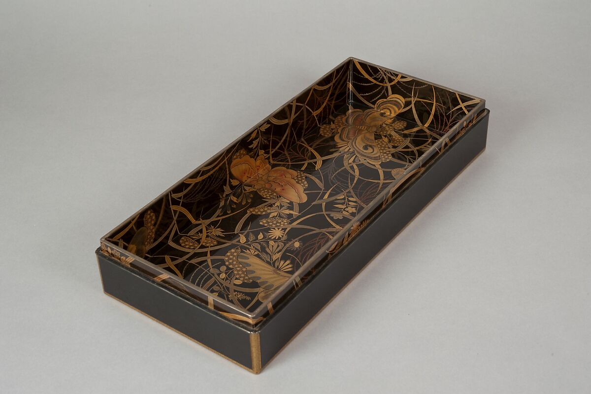 Box for Paper (Ryōshibako) with Decoration of Butterflies and Autumn Grasses, Lacquered wood with gold, silver, color (iroko) togidashimaki-e on black lacquer ground, Japan