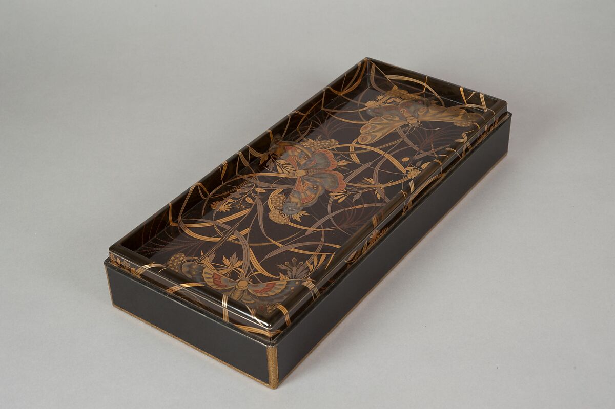 Box for Paper (Ryōshibako) with Decoration of Butterflies and Autumn Grasses, Lacquered wood with gold, silver, color (iroko) togidashimaki-e on black lacquer ground, Japan