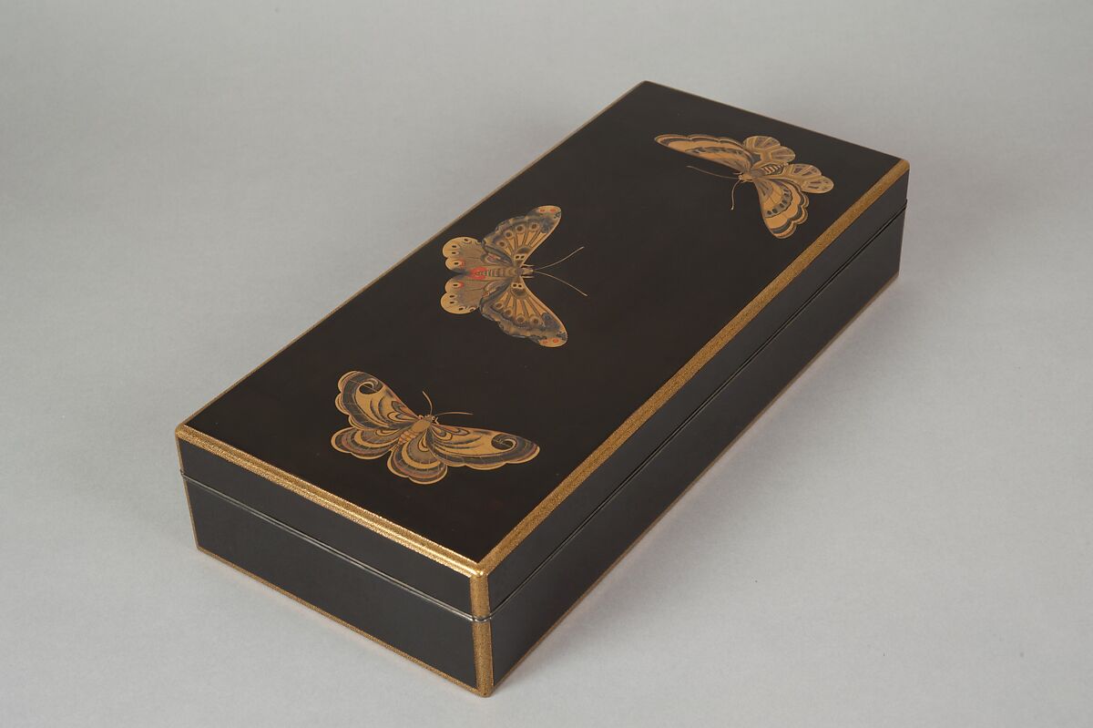 Box for Paper (Ryōshibako) with Decoration of Butterflies and Autumn Grasses, Lacquered wood with gold, silver, color (iroko) togidashimaki-e on black lacquer ground, Japan