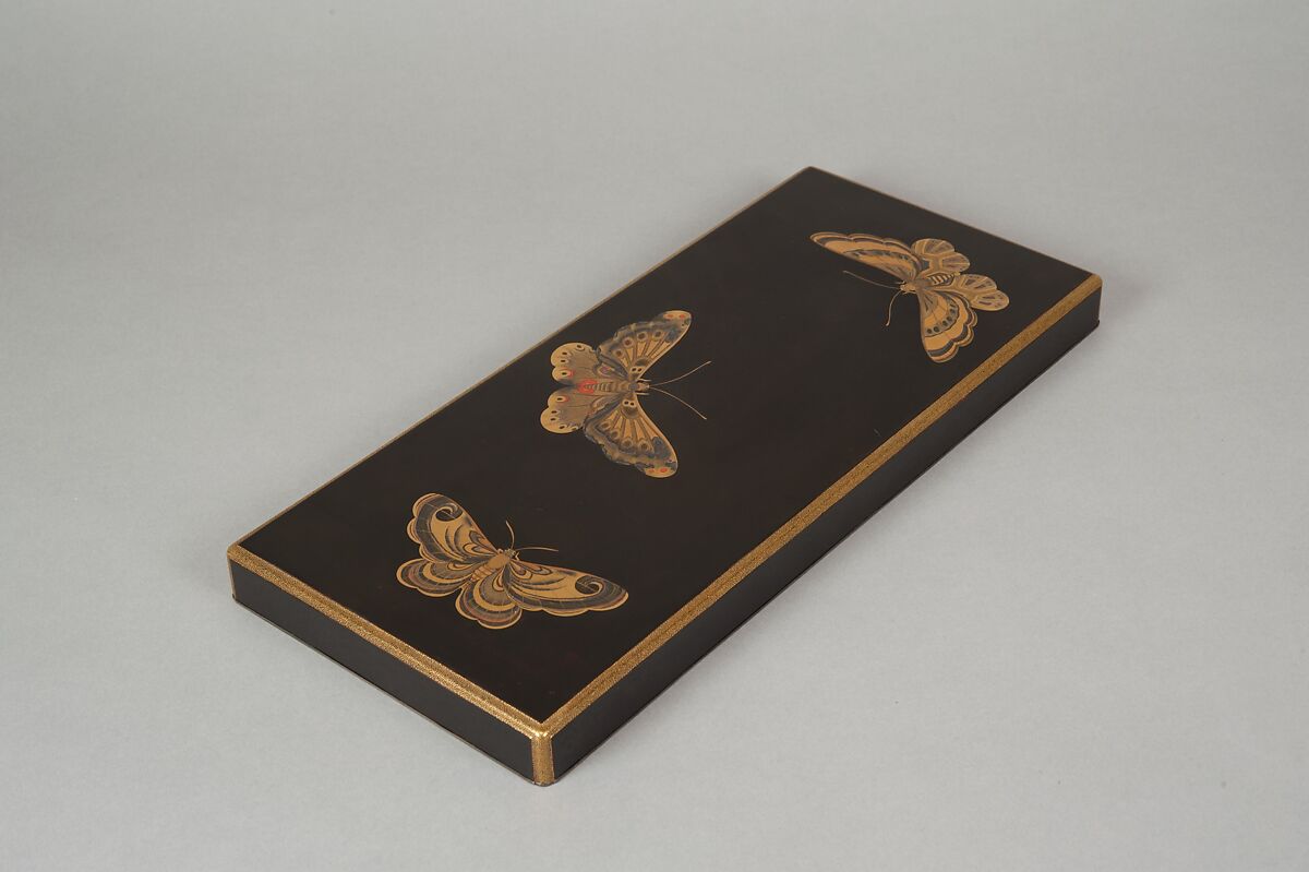 Box for Paper (Ryōshibako) with Decoration of Butterflies and Autumn Grasses, Lacquered wood with gold, silver, color (iroko) togidashimaki-e on black lacquer ground, Japan