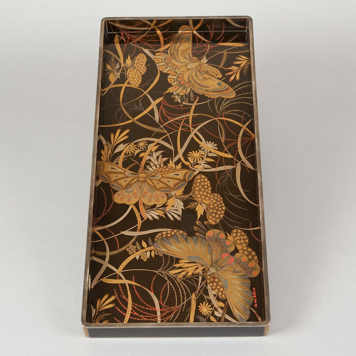 Box for Paper (Ryōshibako) with Decoration of Butterflies and Autumn Grasses, Lacquered wood with gold, silver, color (iroko) togidashimaki-e on black lacquer ground, Japan