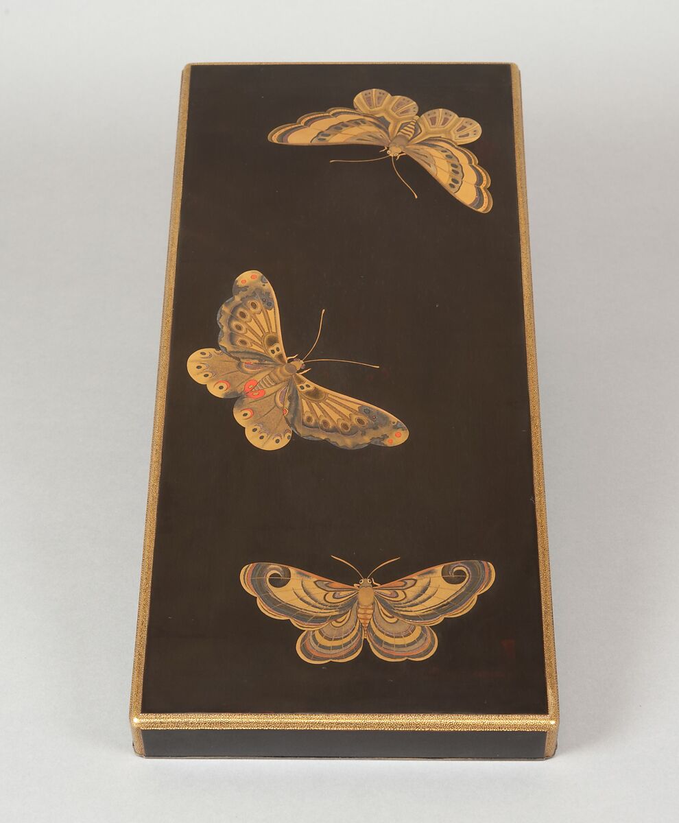 Box for Paper (Ryōshibako) with Decoration of Butterflies and Autumn Grasses, Lacquered wood with gold, silver, color (iroko) togidashimaki-e on black lacquer ground, Japan