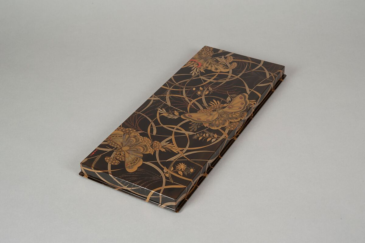 Box for Paper (Ryōshibako) with Decoration of Butterflies and Autumn Grasses, Lacquered wood with gold, silver, color (iroko) togidashimaki-e on black lacquer ground, Japan