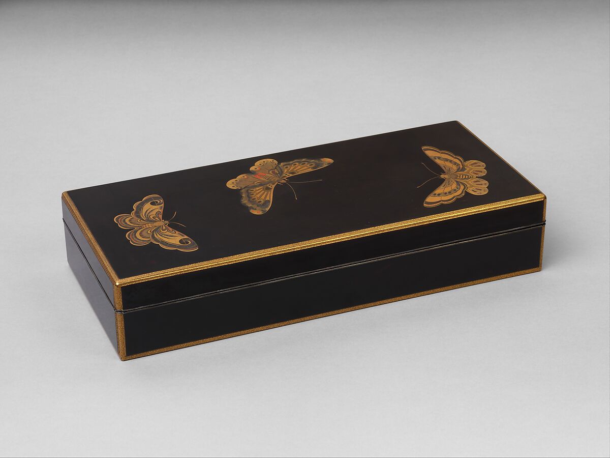 Box for Paper (Ryōshibako) with Decoration of Butterflies and Autumn Grasses, Lacquered wood with gold, silver, color (iroko) togidashimaki-e on black lacquer ground, Japan 