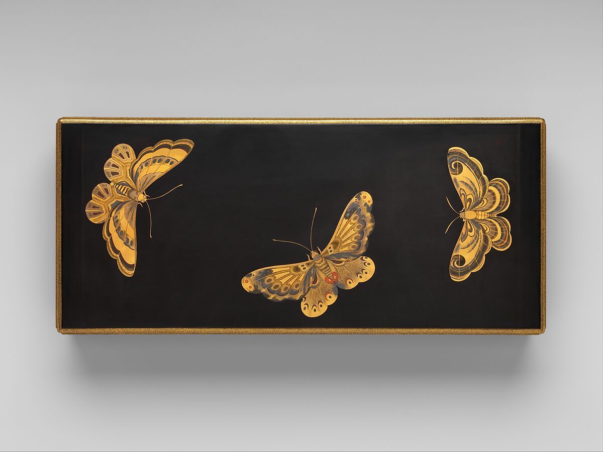 Box for Paper (Ryōshibako) with Decoration of Butterflies and Autumn Grasses, Lacquered wood with gold, silver, color (iroko) togidashimaki-e on black lacquer ground, Japan