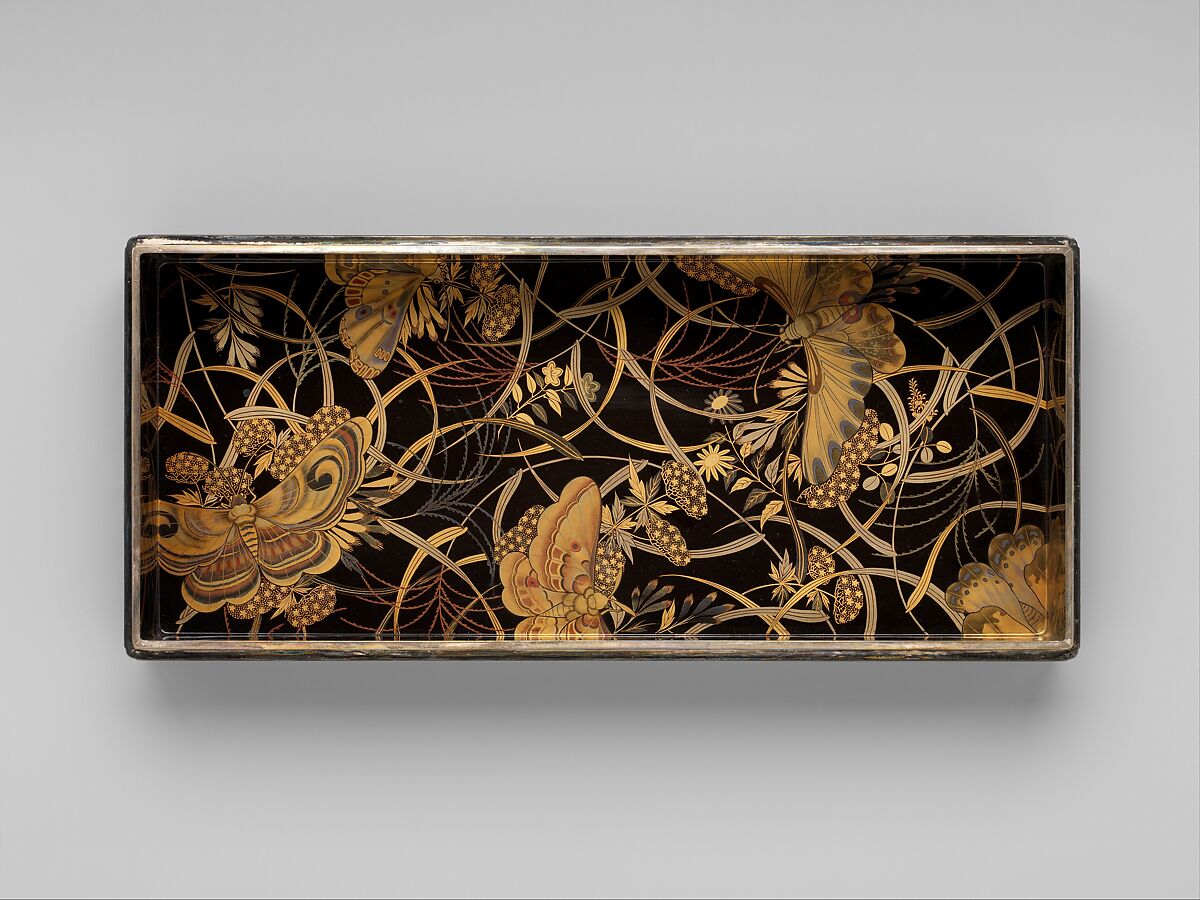 Box for Paper (Ryōshibako) with Decoration of Butterflies and Autumn Grasses, Lacquered wood with gold, silver, color (iroko) togidashimaki-e on black lacquer ground, Japan