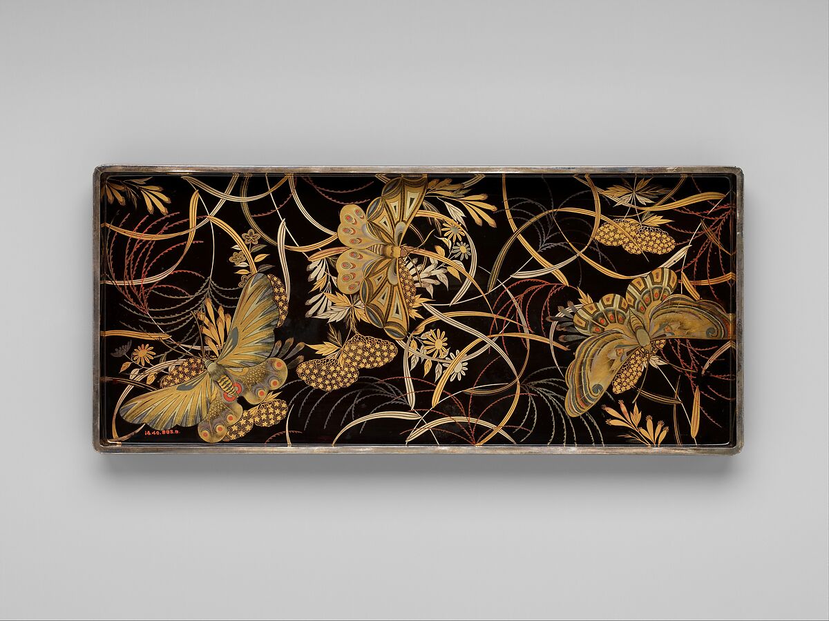 Box for Paper (Ryōshibako) with Decoration of Butterflies and Autumn Grasses, Lacquered wood with gold, silver, color (iroko) togidashimaki-e on black lacquer ground, Japan