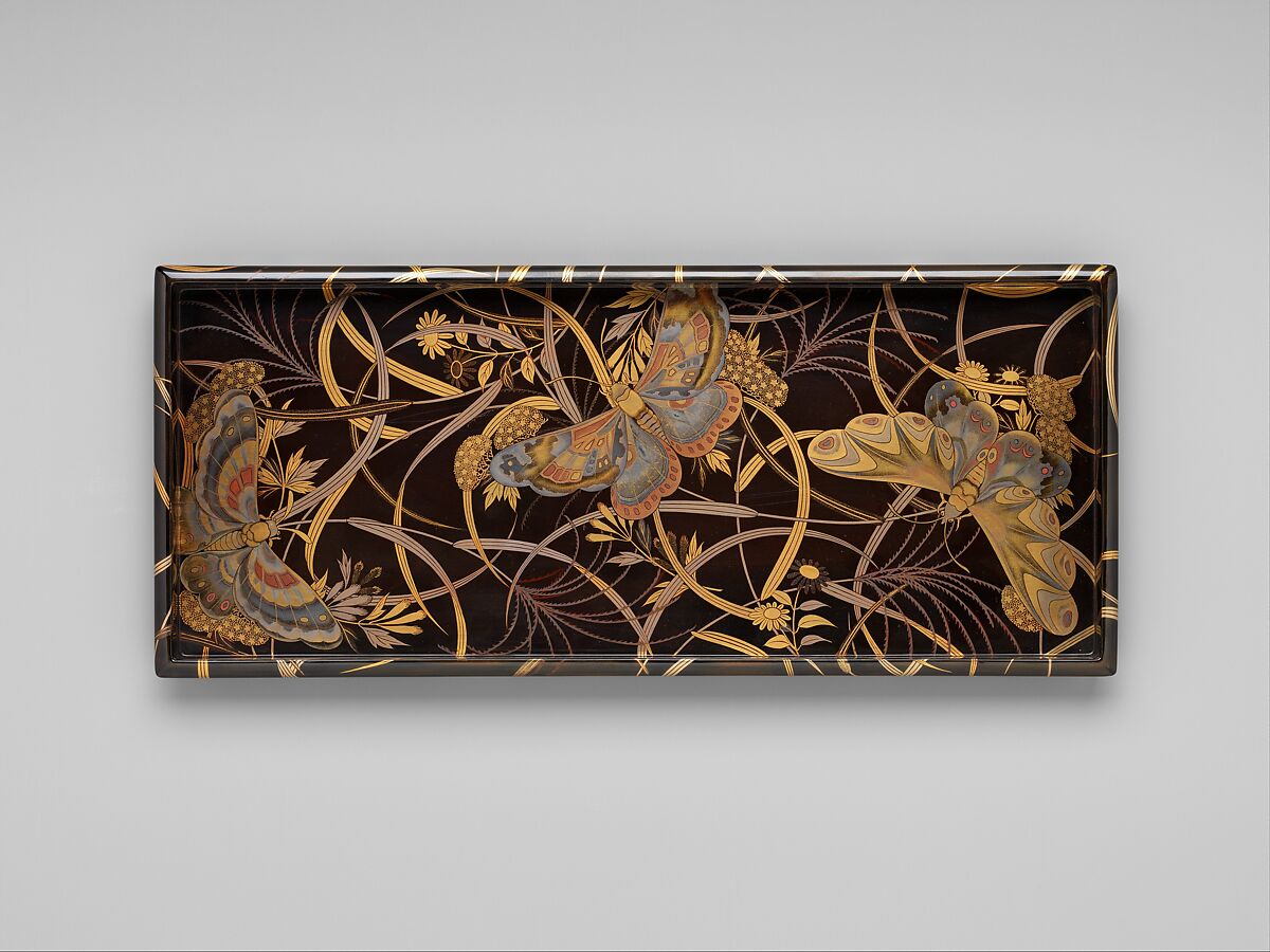 Box for Paper (Ryōshibako) with Decoration of Butterflies and Autumn Grasses, Lacquered wood with gold, silver, color (iroko) togidashimaki-e on black lacquer ground, Japan