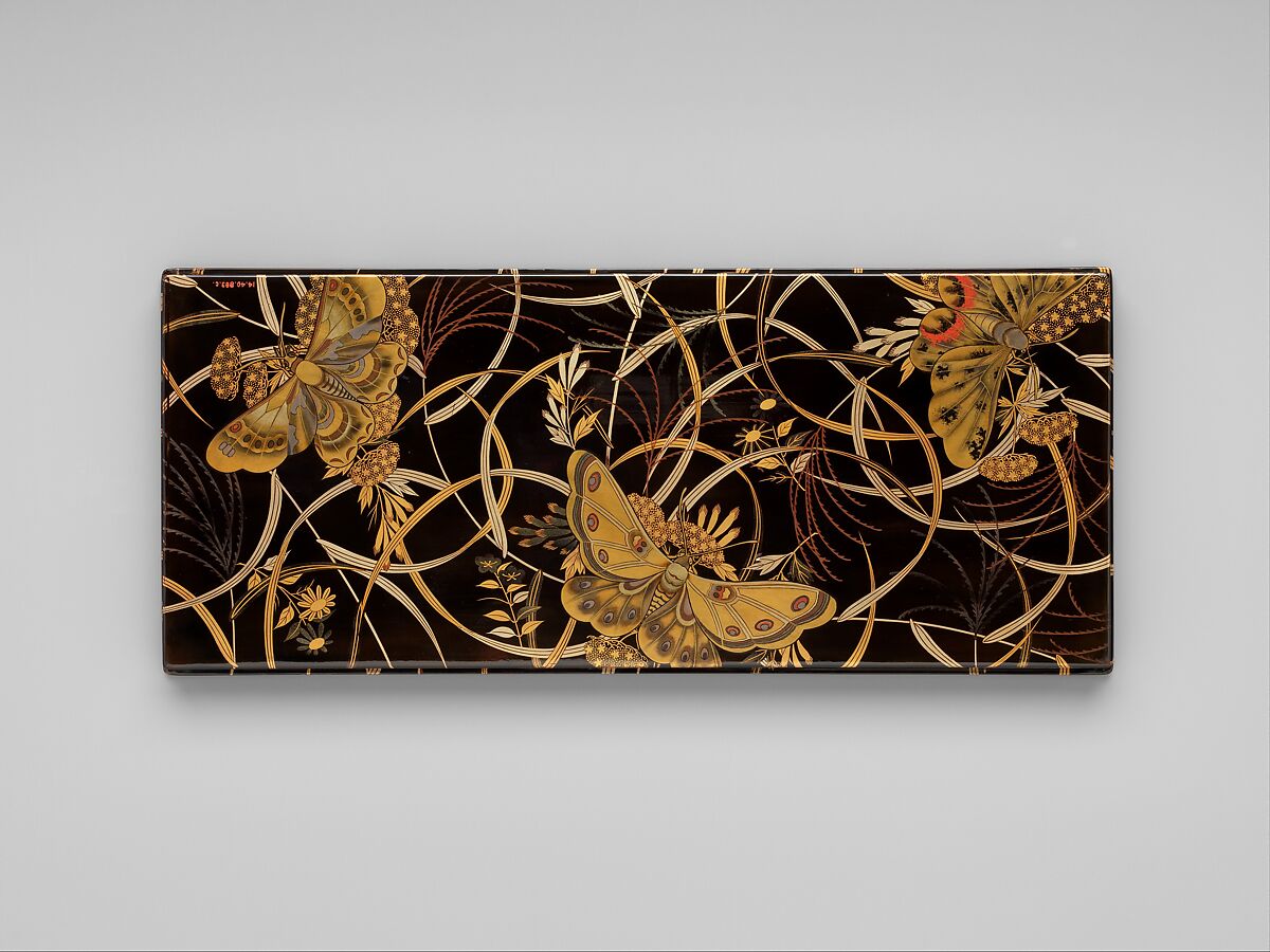 Box for Paper (Ryōshibako) with Decoration of Butterflies and Autumn Grasses, Lacquered wood with gold, silver, color (iroko) togidashimaki-e on black lacquer ground, Japan