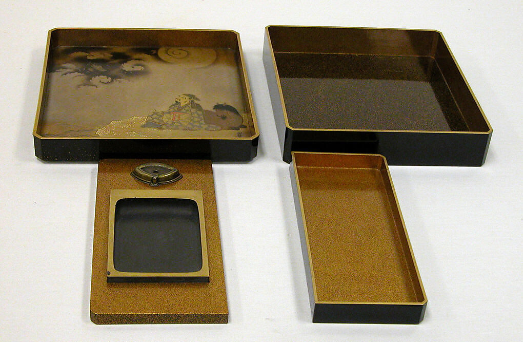 Writing Box with Design of Bird in Flight and a Stream, Tatsuke Takanori (1757–1833), Gold and silver maki-e with colored lacquer on black lacquer, Japan
