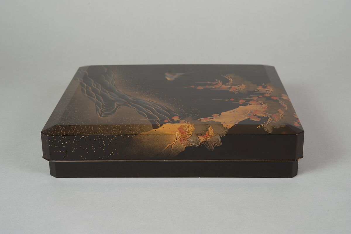 Writing Box with Design of Bird in Flight and a Stream, Tatsuke Takanori (1757–1833), Gold and silver maki-e with colored lacquer on black lacquer, Japan