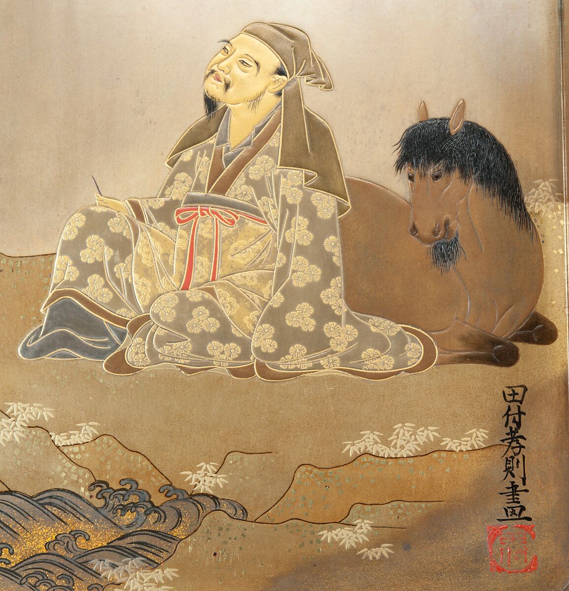 Writing Box with Design of Bird in Flight and a Stream, Tatsuke Takanori (1757–1833), Gold and silver maki-e with colored lacquer on black lacquer, Japan