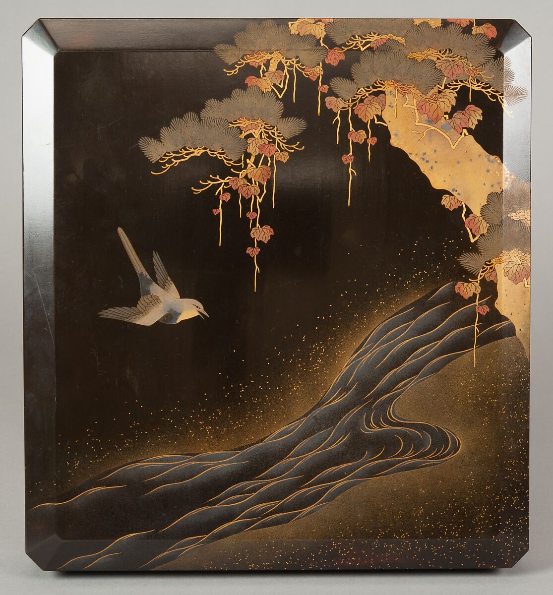 Writing Box with Design of Bird in Flight and a Stream, Tatsuke Takanori (1757–1833), Gold and silver maki-e with colored lacquer on black lacquer, Japan