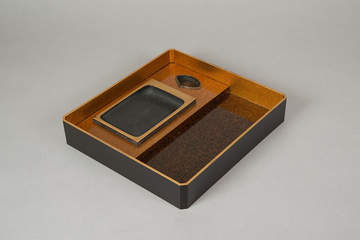 Writing Box with Design of Bird in Flight and a Stream, Tatsuke Takanori (1757–1833), Gold and silver maki-e with colored lacquer on black lacquer, Japan