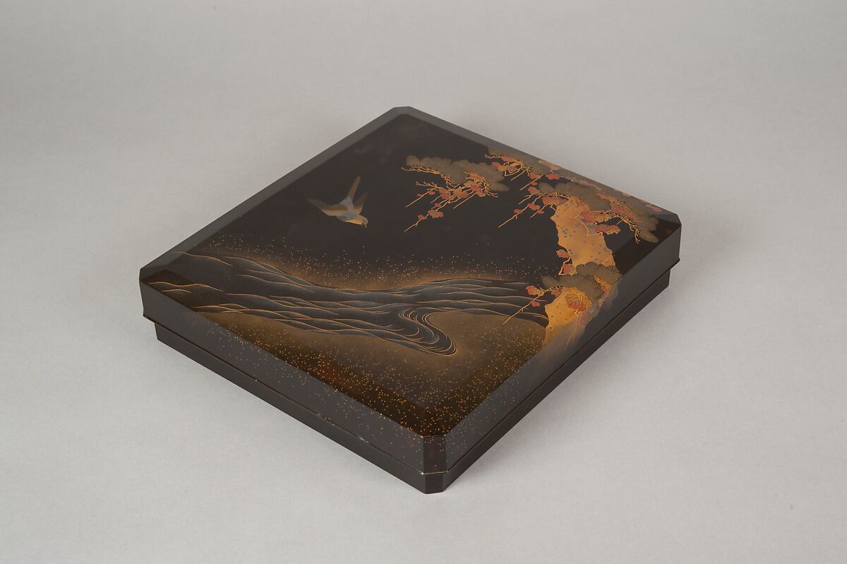 Writing Box with Design of Bird in Flight and a Stream, Tatsuke Takanori (1757–1833), Gold and silver maki-e with colored lacquer on black lacquer, Japan 