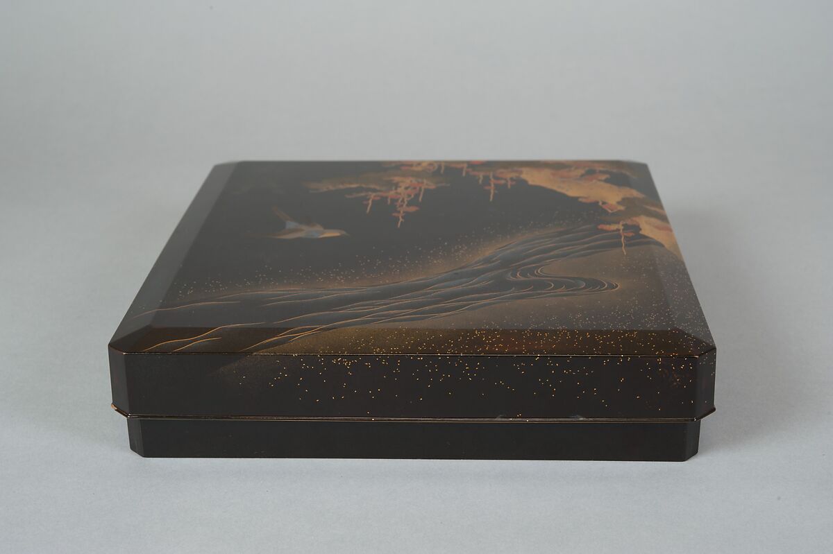Writing Box with Design of Bird in Flight and a Stream, Tatsuke Takanori (1757–1833), Gold and silver maki-e with colored lacquer on black lacquer, Japan
