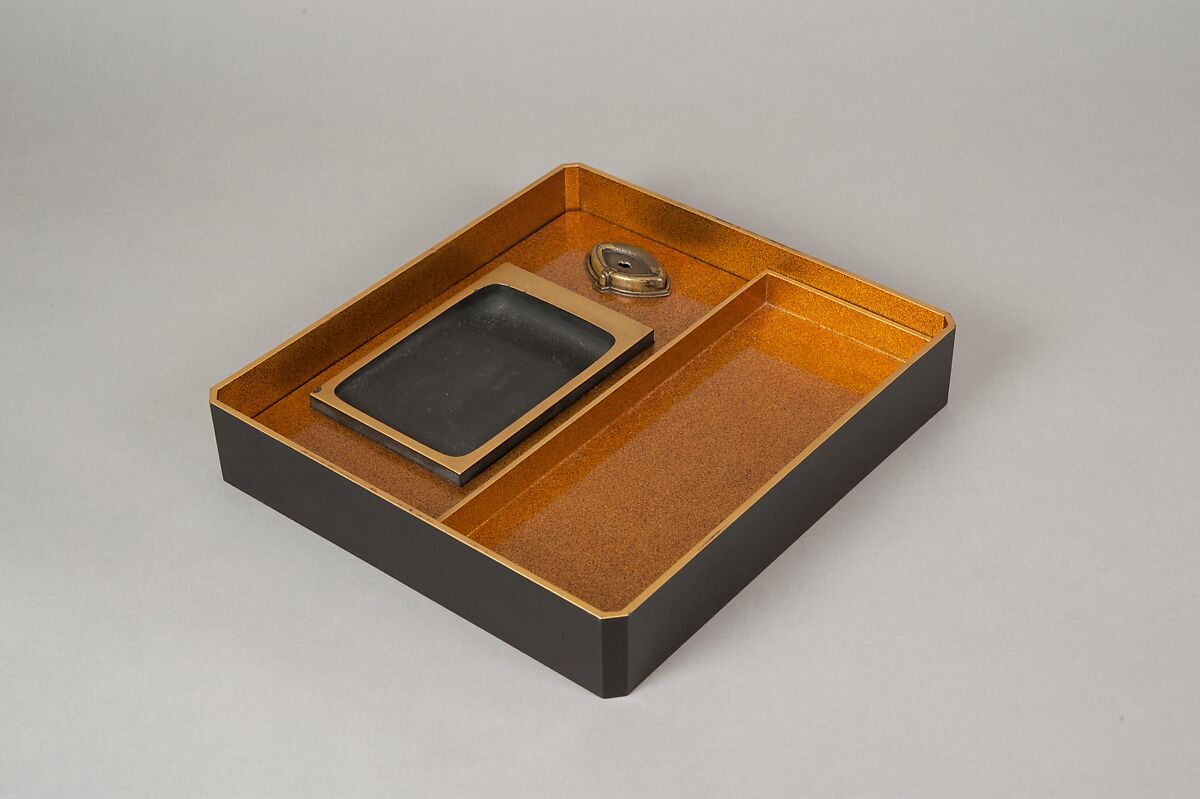 Writing Box with Design of Bird in Flight and a Stream, Tatsuke Takanori (1757–1833), Gold and silver maki-e with colored lacquer on black lacquer, Japan