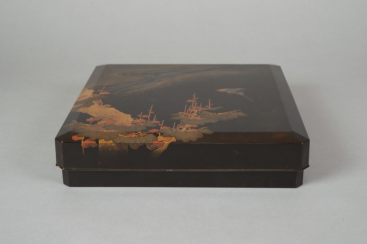 Writing Box with Design of Bird in Flight and a Stream, Tatsuke Takanori (1757–1833), Gold and silver maki-e with colored lacquer on black lacquer, Japan