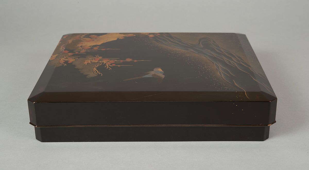 Writing Box with Design of Bird in Flight and a Stream, Tatsuke Takanori (1757–1833), Gold and silver maki-e with colored lacquer on black lacquer, Japan