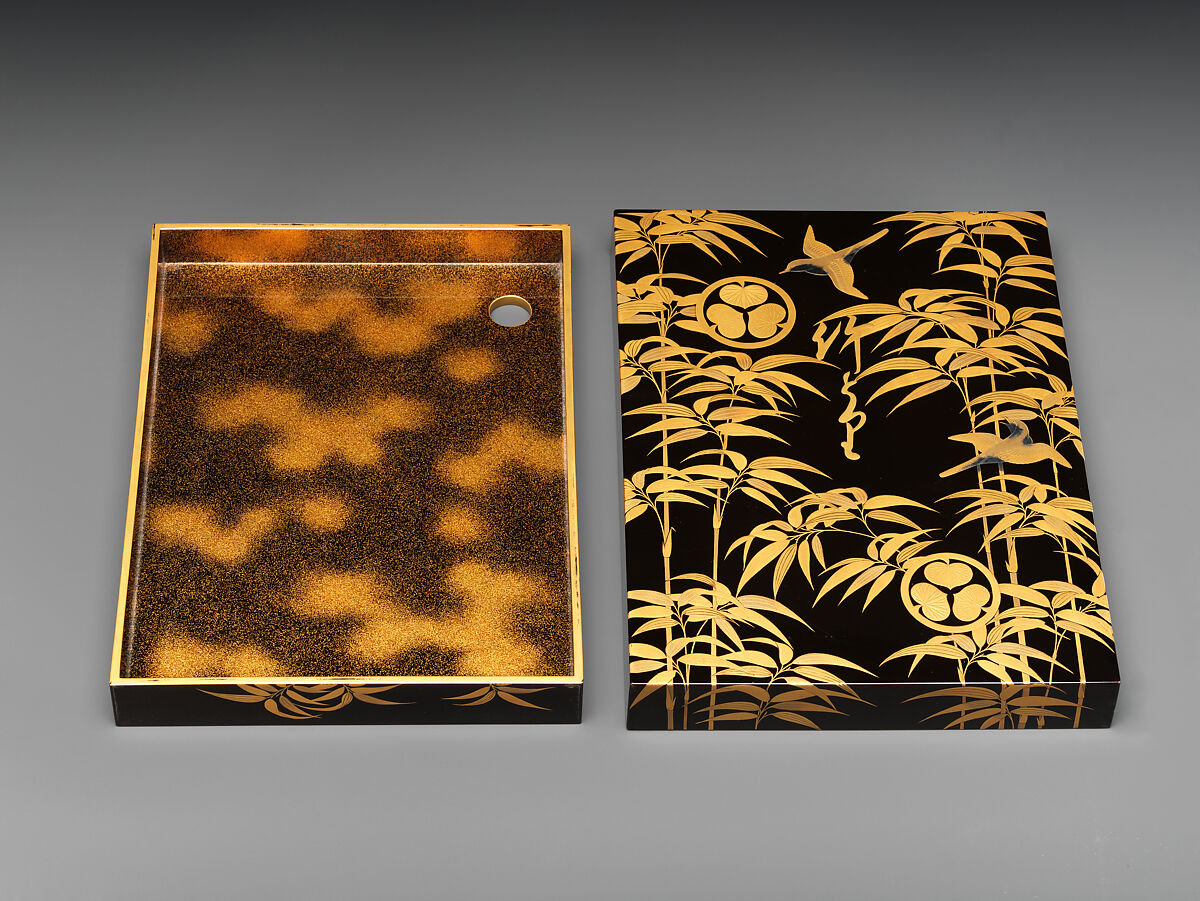 Covered Box for Volumes, Lacquered wood with gold and silver hiramaki-e on black ground, Japan