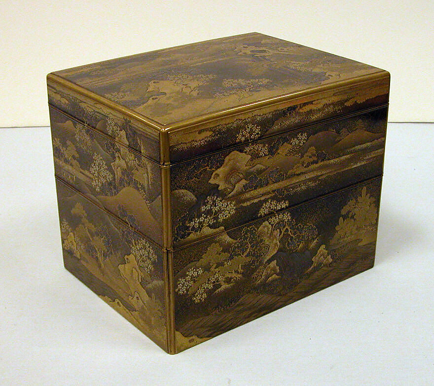 Box for Incense Utensils with Cherry Blossoms in a Landscape, Gold and silver maki-e and kirikane on black lacquer ground, Japan