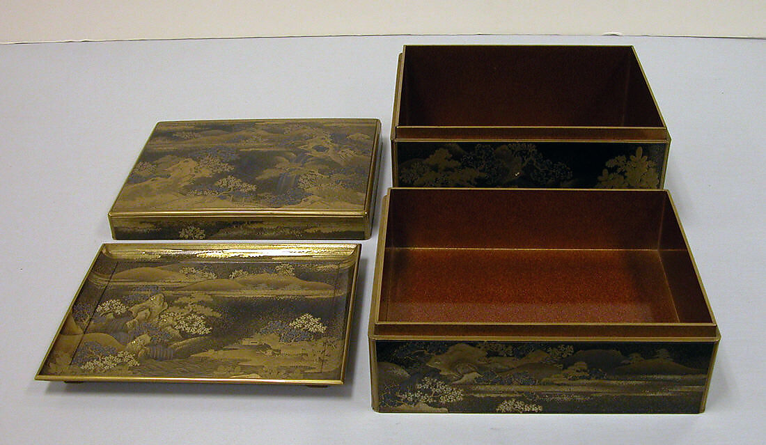 Box for Incense Utensils with Cherry Blossoms in a Landscape, Gold and silver maki-e and kirikane on black lacquer ground, Japan