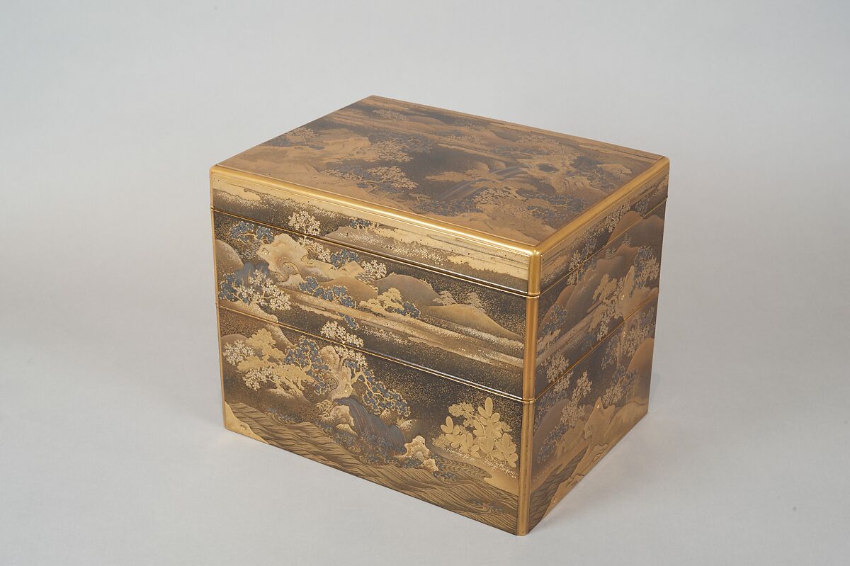 Box for Incense Utensils with Cherry Blossoms in a Landscape, Gold and silver maki-e and kirikane on black lacquer ground, Japan 