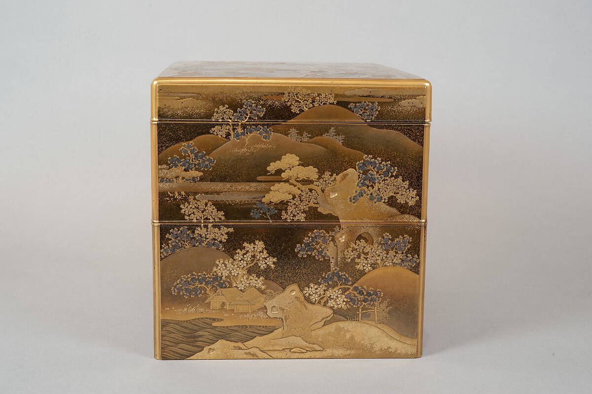 Box for Incense Utensils with Cherry Blossoms in a Landscape, Gold and silver maki-e and kirikane on black lacquer ground, Japan