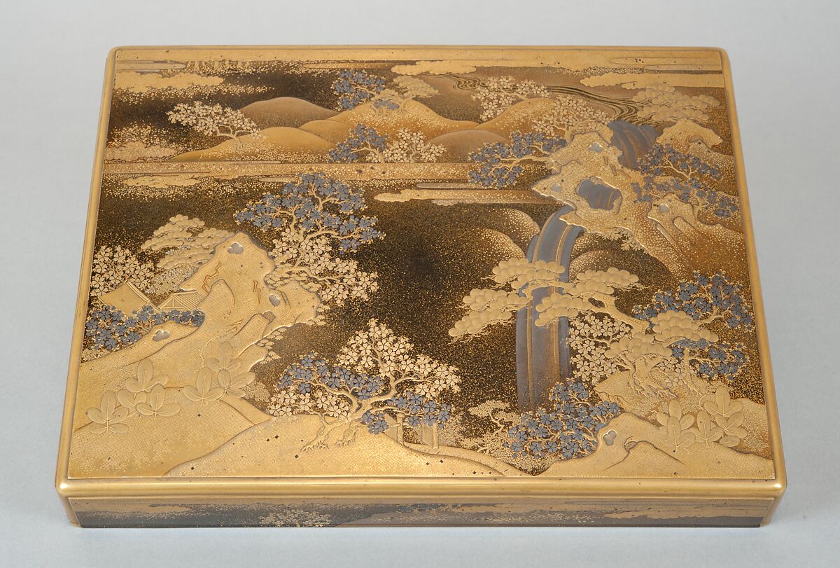 Box for Incense Utensils with Cherry Blossoms in a Landscape, Gold and silver maki-e and kirikane on black lacquer ground, Japan