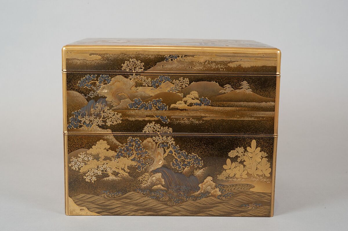 Box for Incense Utensils with Cherry Blossoms in a Landscape, Gold and silver maki-e and kirikane on black lacquer ground, Japan